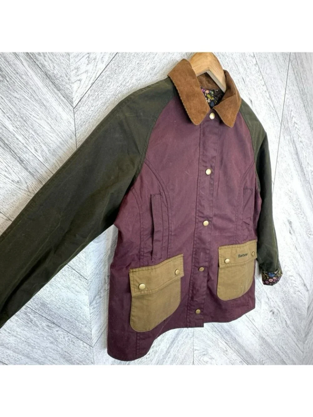Barbour Kids XL 12/13 Beadnell Wax Jacket Colorblock Floral Woodland Lining - Picture 2 of 11